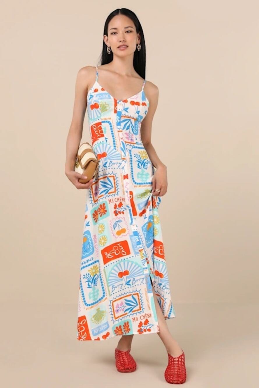 NWT Lulus Sanya Ivory Multi Print Button-Front Sleeveless Midi Dress S